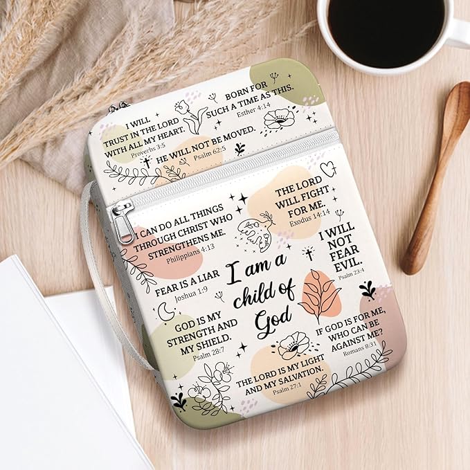 Inspirational Bible Cover for Women with Verses I Am a Child of God Canvas Case, Zippered Scripture Bag, Fits Standard Size Bible, Christian Gift for Girls Church Bible Study