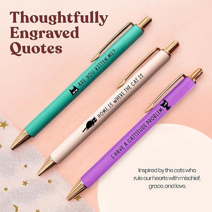 MESMOS 3pk Cute Cat Pens, Sassy and Funny Cat Lover Gifts for Women, Aesthetic Ballpoint Pens Beautifully Packaged, German-made Ink and Swiss-made Ink