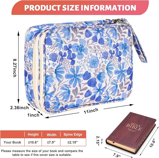 Bible Bag for Girls Organizer - Dual Zipper Compartments with 7 Pen Slots for Church Bible Study, Christian Gift for Teen (Floral-Blue)