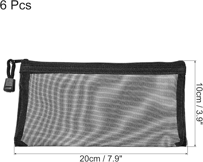 MECCANIXITY Mesh Zipper Bags, A6 Nylon Zip Pouch Pencil Case Storage Pockets for Travel Office Accessories, Black Pack of 6