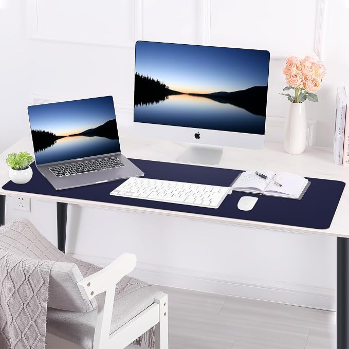 AFIING Leather Desk Pad Protector, Large Desk Mat with Natural Cork & PU Leather, Mouse Pad, Non-Slip, Waterproof Desk Writing Pad for Office and Home Blue