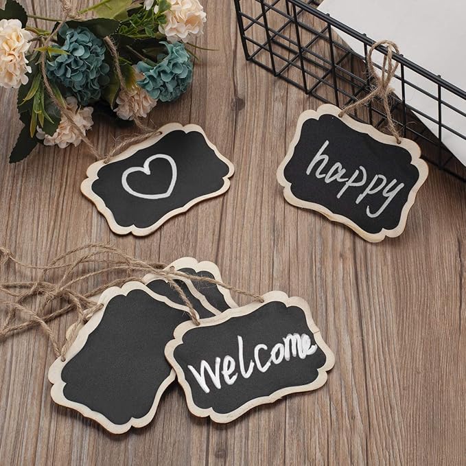 16 Pack Chalkboard Tags with Hanging String, Double Sided Blackboard Wooden Mini Chalkboard Signs, Erasable Message Board Signs for Wedding or Party Decorations, Food Tags
