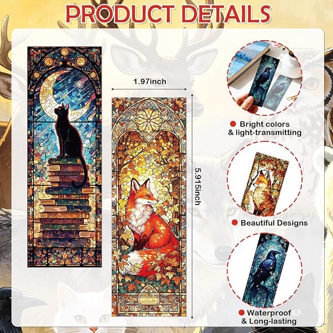 10 Pcs Stained Glass Animals Bookmarks, Fantasy Animals Transparent PVC Bookmark Bulk for Women Man, Cute Fox Cat Book Mark for Reading Lovers Accessories Gifts
