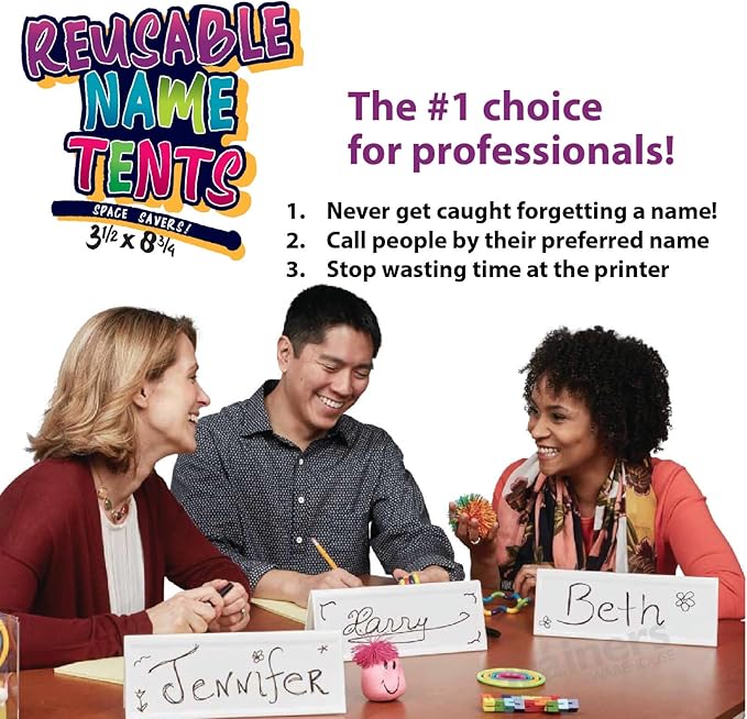 Trainers Warehouse Heavy Duty Premium Reusable Name Cards, White, Dry-Erase Tent, Space Saver, 8.75" x 3.5" (10)