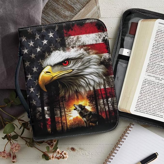 Large Bible Cover Case for Women Men American Flag Wolf Bald Eagle Print PU Leather Bible Case with Bookmark Church Bag Book Carrying Case Bible Cover for Women Men Bible Case for Men Women
