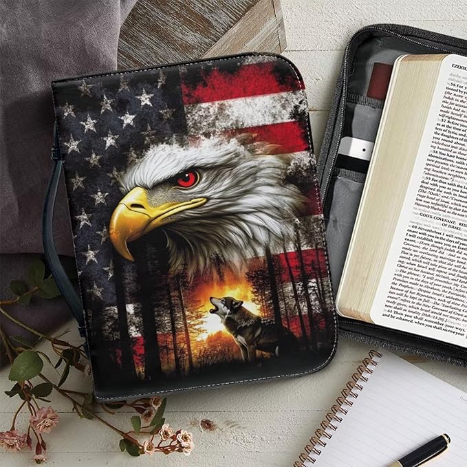 XL Bible Cover Case for Women Men American Flag Wolf Bald Eagle Print PU Leather Bible Case with Bookmark Church Bag Book Carrying Case Bible Cover for Women Men Bible Case for Men Women