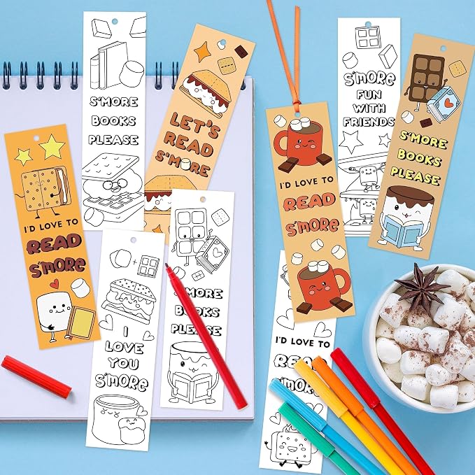 Marshmallow Color Your Own Bookmarks for Kids - Summer Gifts 123Pcs Loves You S'More Reading Theme DIY Coloring Blank Paper Bookmarks, Classroom Art Craft Party Favor for Kid Student Teacher