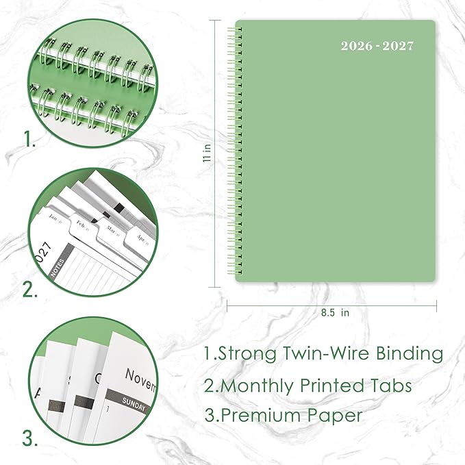 2026-2027 Monthly Planner - Planner/Calendar 2026-2027, JUL 2026 - DEC 2027, 9" x 11", Thick Paper, Twin-Wire Binding, Monthly Planner with Tabs & Pocket & Label, Green