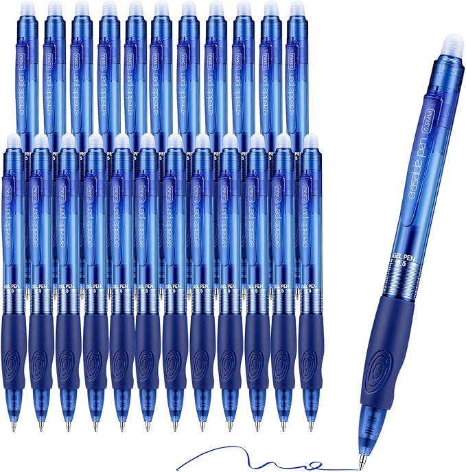 EUSOAR Blue Erasable Pens, 24 Pack Retractable Pens with Erasers (0.5mm) Smooth Writing, Make Mistakes Disappear Eraser Pen Fine Point for Office Note Taking Planner Crossword Puzzles