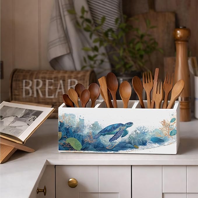 Sea Turtle Desk Organizer Wooden Pen Pencil Holder for Desk, 3 Compartments Ocean Themed Accessories, Coastal Turtle Lover Decor for Home Office Table Storage