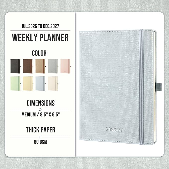 Planner 2026-2027 Weekly & Monthly Planner, 18 Month Academic Calendar July 2026 – Dec 2027, Horizontal Layout with Monthly Tabs, Textured Fabric Hardcover, Pale Ice Blue