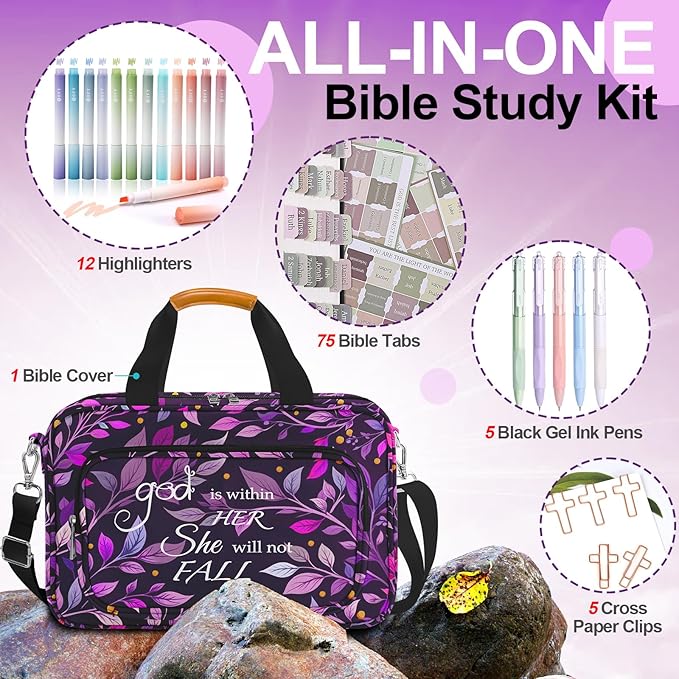 Bible Cover Case for Women,Bible Carrier,Bible Holder,Large Bible Bag for Women Organizer,God is Within Her She Will Not Fall,Bible Study Supplies Kit With Highlighters,Tabs,Pens,Christian Gift Purple