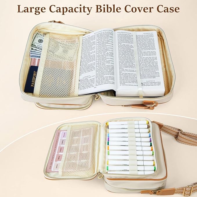 MHJY Bible Bag Leather Bible Cover Case for Women Zipper Quilted Bible Cover with Bible Tabs and Shoulder Strap Crossbody Purses for Book Cover