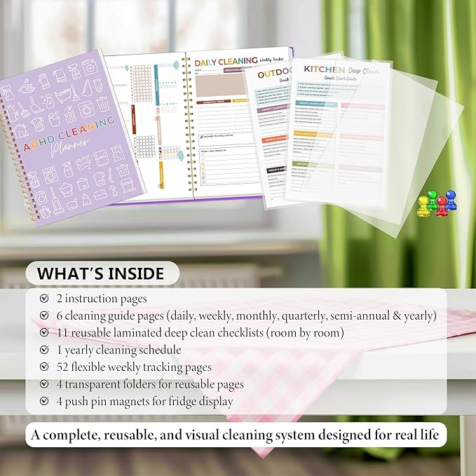ADHD Cleaning Planner for Adults Women – Reusable Laminated Deep Clean Checklists, Gentle Daily & Weekly Cleaning System, 100 GSM No-Bleed Paper, Waterproof PVC Cover, Spiral Bound Calendar Planner for Overwhelmed Homes