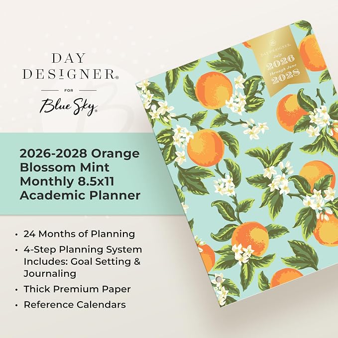 Blue Sky Day Designer 2026-2028 Monthly Academic Year 24 Month Planner Calendar, July 2026 - June 2028, 8.5" x 11", Flexible Cover, Stapled Binding, Orange Blossom Mint
