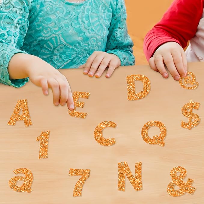 Colarr 216 Pcs Glitter Bulletin Board Letters for Classroom Number Alphabet Punctuation Symbol Cutout 4'' Die-Cut Poster Letter with Adhesive Dot School Party Holiday Decor Display(Orange)