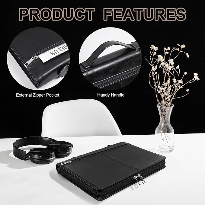 Calfinder Vegan Leather Padfolio with Zipper&Handle,Padfolios for Women&Men,Business Portfolio Organizer for Ipad,Notepad Folder with Phone Pocket and Card Holder,Portfolio Binder