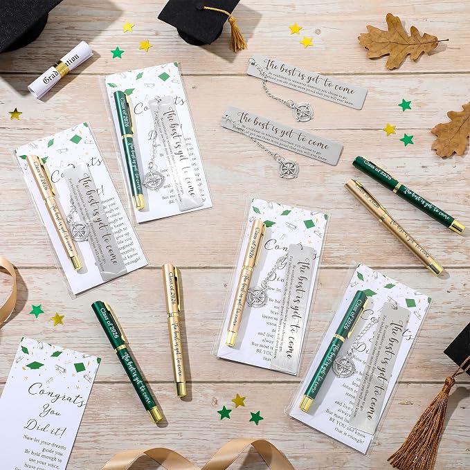 Affrolling 12 Sets Class of 2026 Graduation Gifts Bulk – Graduation Pens, Compass Bookmarks, Cards & Clear Gift Bags, Inspirational Party Favors for Students & Teachers(Green,Gold)