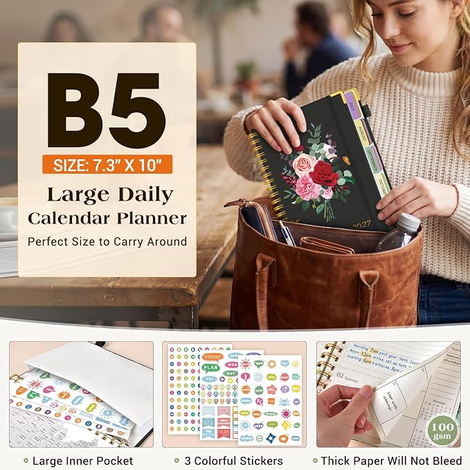 Academic Planner 2026-2027, 18 Months Weekly and Monthly Calendar Planner from July 2026 - December 2027, 7.3" x 10" B5 Large Hardcover Agenda Organizer Book with Tabs, Yearly Daily Planners for School Work Student Teacher, Black Flower