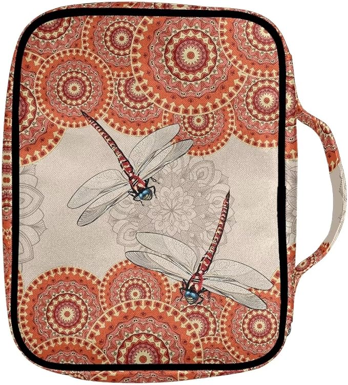 Suobstales Boho Mandala Dragonfly Print Zipper Bible Cover Case Cross for Women Bible Bag Carrying Case Carrying Book Case Church Bag Bible Protective with Handle