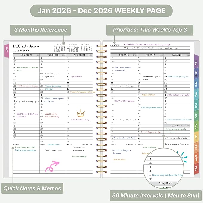 2026 Appointment Book, 30 Minutes-Hourly, Weekly ＆ Monthly Calendar Planner 2026, Jan 2026 - Dec 2026, 6.2'' x 8.4'', 2026 Daily Planner with Tabs ＆Pocket, Flexible Cover, Great for Office, Home, School