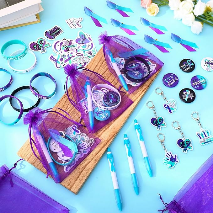 122 Pcs Ribbons Awareness Accessories Includes Ribbons Bracelets Stickers Pins Pens Keychain for School Charity Fundraiser Public Activities Supplies(Suicide Prevention,Teal Purple)