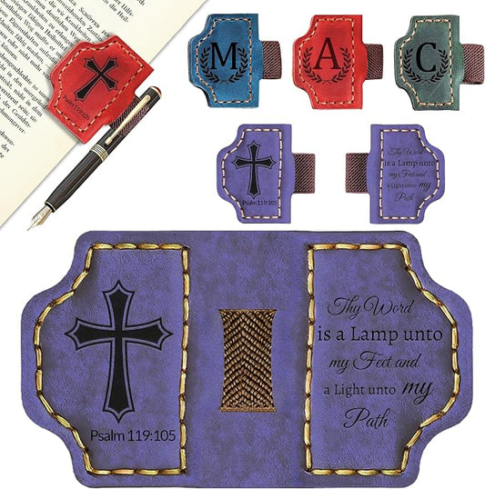 Bygone Mark Bookmark with Pen Holder, 26 Letters Name Initial Personalized Magnetic Bookmarks, Leather Book Mark for Men Women, Travelers Accessories,Teachers Readers Book Lovers Gifts (Purple, Psalm)