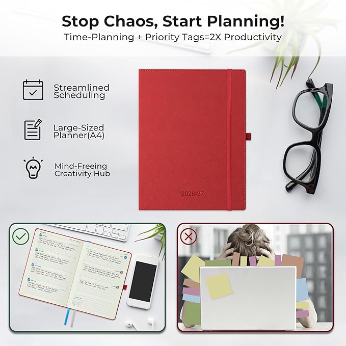 Weekly Monthly 2026-2027 Planner (July 26-Dec 27),11.5"x8.5",18 Months Agenda Plan with Month Tabs & Pocket,Expenses/Note Pages, Academic Calendar with Vegan Leather Cover,Red