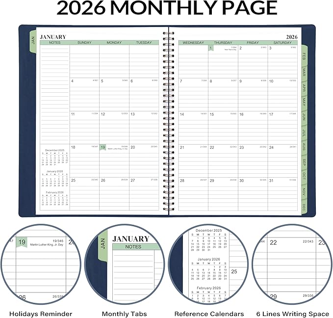 2026 Planner - Planner 2026 Weekly and Monthly, 11.38'' x 8.74'', 2026 Calendar Leather Planner, JAN 2026 - DEC 2026, Daily Hourly Appointment Book, To Do List, Monthly Tabs, Faux Soft Leather, Back Pockets - Blue