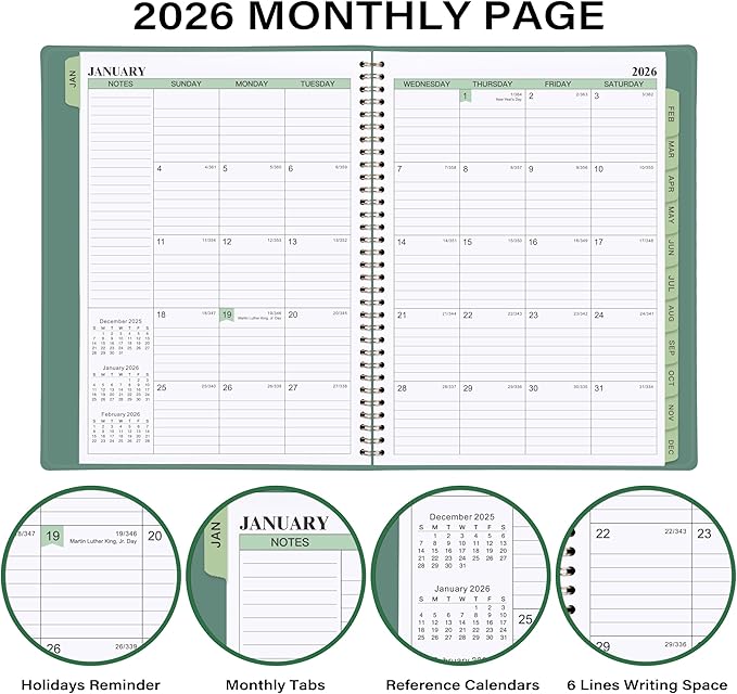 2026 Planner - 11.38'' x 8.74'', Weekly & Monthly Planner Notepad, Jan. 2026 - Dec. 2026, Appointment Book, 60 Minutes Interval, Monthly Tabs, Faux Soft Leather, Spiral Bound - Green