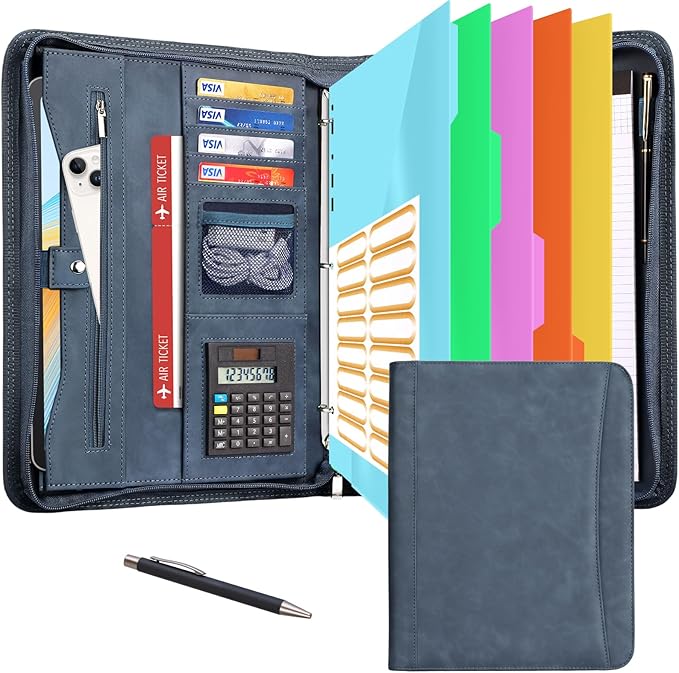 Eshow Portfolio Organizer - 3 Ring Binder with Zipper, Vegan Leather Business Padfolio Folder with Notepad Includes 5 Color Sheet Protectors for Documents Files for Men Women
