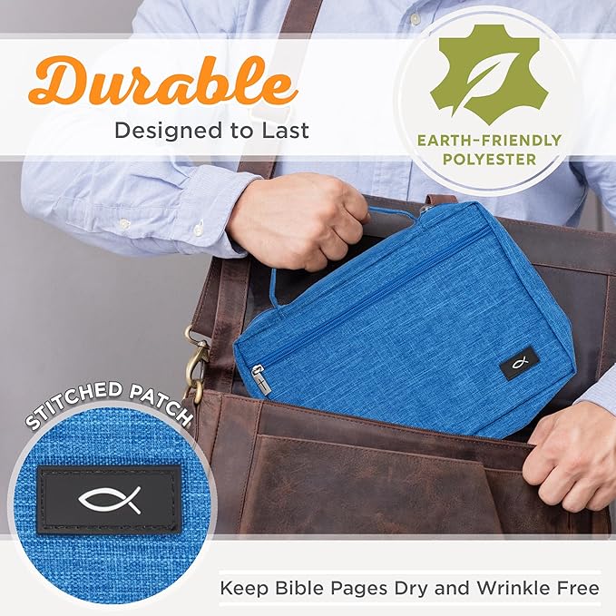 Christian Art Gifts Polyester Bible Cover for Men & Women w/Jesus Fish Patch, Zipper Pocket, Pen Loops, Easy Carry Book Case for Stationery, Accessories, Light Blue, XL