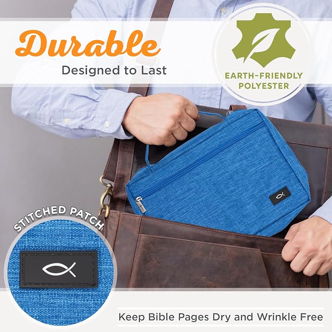 Christian Art Gifts Polyester Bible Cover for Men & Women w/Jesus Fish Patch, Zipper Pocket, Pen Loops, Easy Carry Book Case for Stationery, Accessories, Light Blue, Small