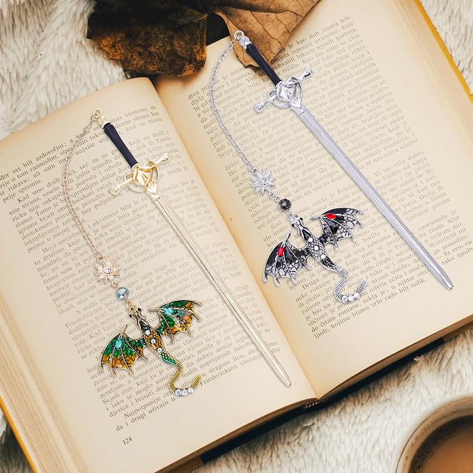 Sword Dragon Metal Bookmarks - 2 PCs Fantasy Book Marks Gifts for Reading Cool Black Green Page Makers Merch for Men Boys Kids Novel Fans Lovers Readers Bookish Birthday School Accessories