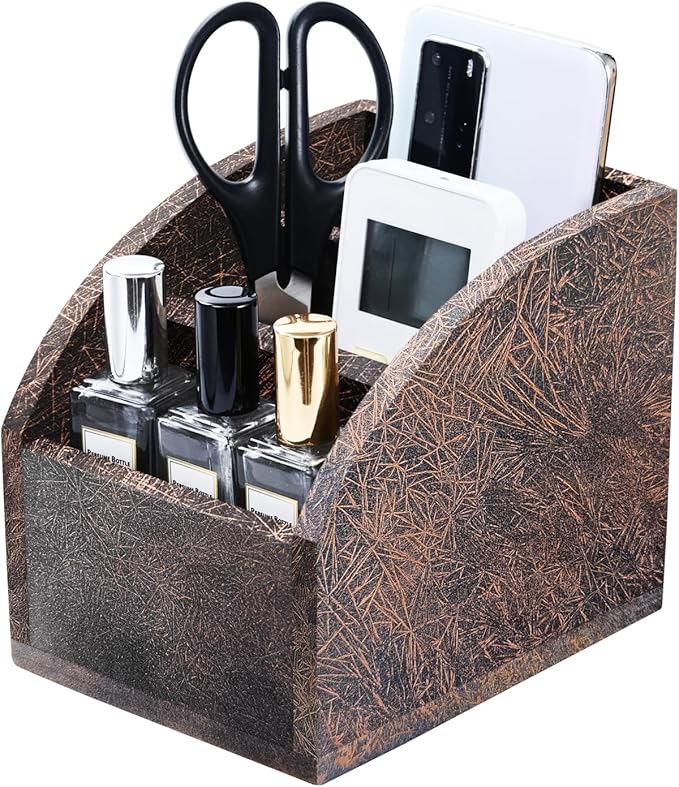 BONNY DODO Remote Control Holders Organizer Box for Table Copper Gold Small Wooden Desk Farmhouse Home Decor Caddy Basket Store Tv Remote for Media Player,Pencil,Glassees&Office Supplies (Bronze, S)