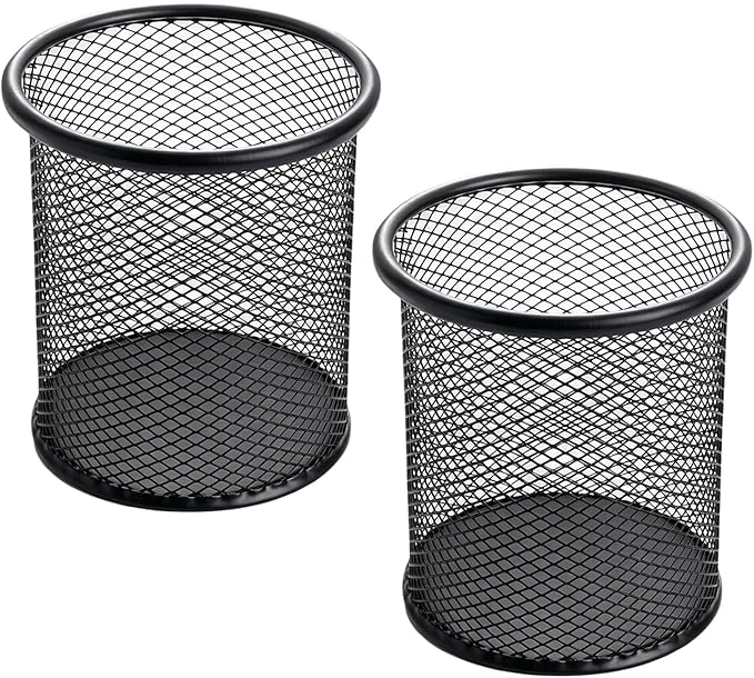 Set of 2 Mesh Pen Holders, Metal Round Pencil Cups Desk Organizer, Sturdy Wire Stationery Supplies Storage Stand for Office School Classroom Home Workspace Desktop Decor Accessories - Black