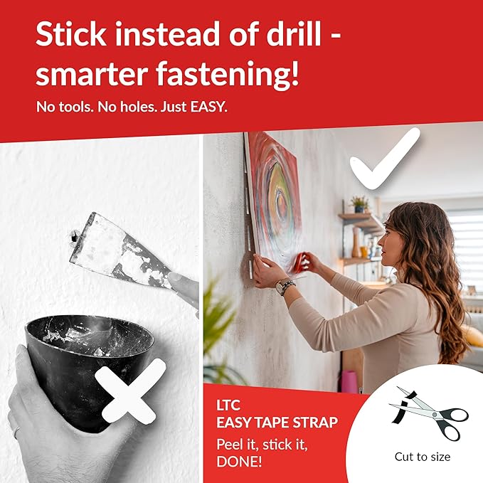 Tape, Self-Adhesive, Instant Resilient, 8 m x 20 mm, Gluing Instead of Drilling, Dots for Pictures, Upholstery, Cable Management, Double-Sided Tape (White, 8 m - 20