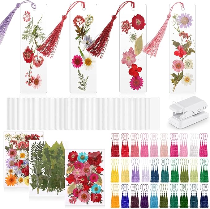 Fuyoooo 376 Pcs Dried Flower Bookmark Making Kit, DIY Bookmark Laminating Pouches with Tassels and Puncher, Handmade Craft Kit for Women, DIY Gifts for Book Lovers (Rainbow Color,2 x 8 Inch)