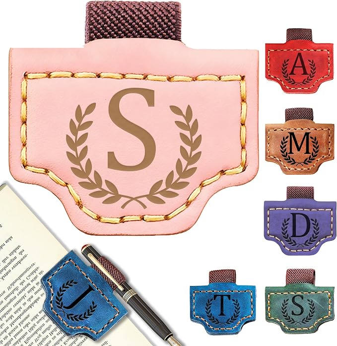 Personalized Leather Magnetic Bookmark with Pen Holder, Bookmark 26 Letters Name Initial Bookmarks for Readers, Book Lover Gifts for Women Men Notebook Accessories (Pink, S)