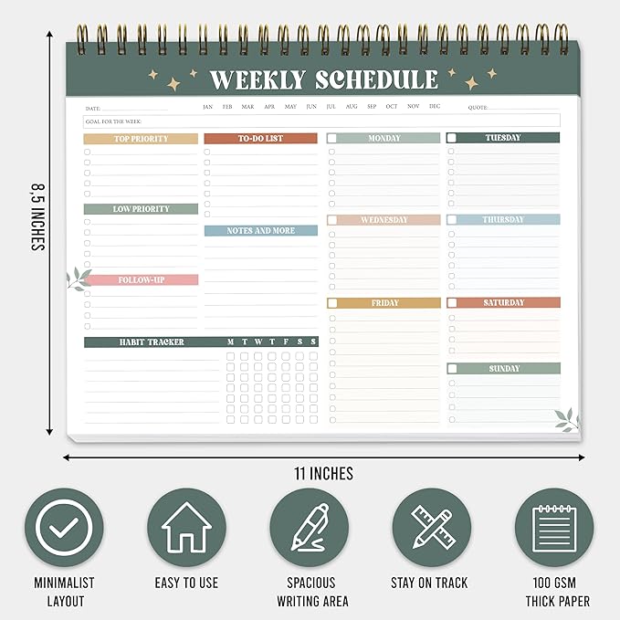 Weekly To Do List Notepad (8.5x11") – 52 Undated Weekly Planner Spiral Bound - Large Weekly Planner Desk Pad for Work, School & Home, Simple Productivity Organizer (Modern Boho)