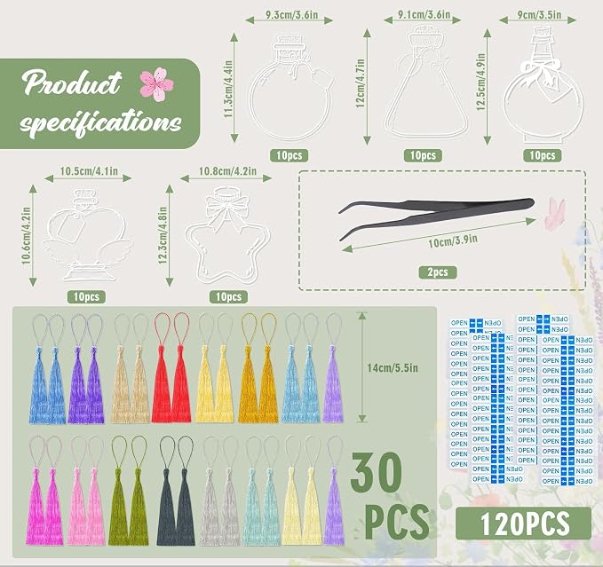 50 Pcs Bookmark Making Kit Transparent, Book Marks DIY Dried Flower Set, Include Clear Bookmarks, Colorful Tassels, Tweezer and Open Tags, Handmade Large Size Bookmark Page for Women