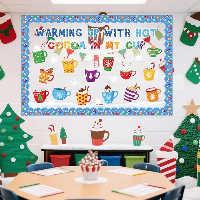 Funrous 52 Pcs Winter Bulletin Board Set Hot Cocoa Classroom Decor Winter Bulletin Boards Warming up with Hot Cocoa Latte Snowflake Cutouts for Christmas Holiday Party School Classroom Home Wall Decor