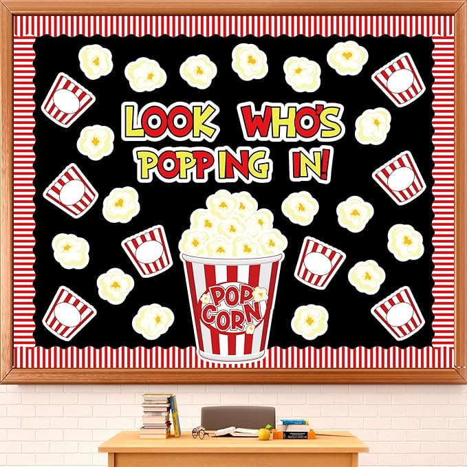JarThenaAMCS 77 Pcs Popcorn Bulletin Board Decoration Funny Popcorn Bucket Paper Cutouts with 150 Pcs Glue Points for Back to School Movie Night Party Classroom