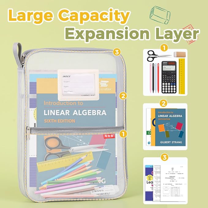 Pendancy Mesh Zipper Pouch 14.8x10.8 in Transparent Lightweight Nylon File Folders, A4 Size Multi-layer Subject Document Organizer Accessories Storage bag for Office and School Supplies(Gray)