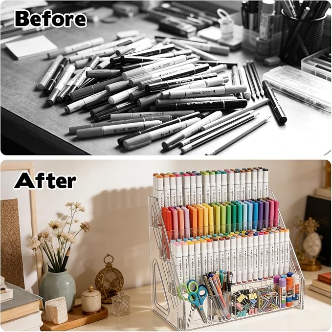2 Pack Acrylic Desk Organizer, 4 Tier 20 Compartments Vertical Storage for Pens Art Supplies Home Classroom Back to School Office School Office Desk Desktop Stationery Pencil Storage