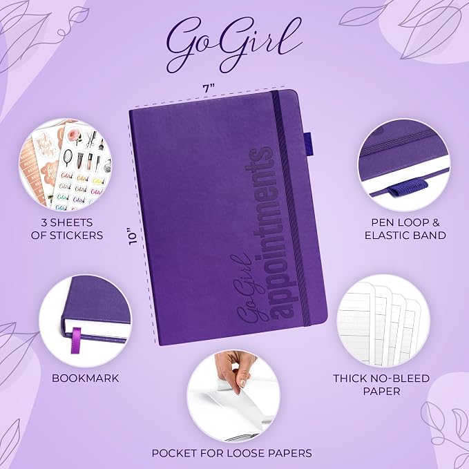 GoGirl Salon Appointment Book – Reservation Book for Beauty Salons, Spas, Hair Stylists, Estheticians – Appt Booking Planner, 7x10″ (Purple)