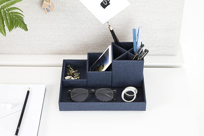 Bigso Box of Sweden Desk Storage Organiser for Stationery - Pen Holder with 4 Compartments for Various Office Items - Fibreboard and Paper Stationery Storage - Blue