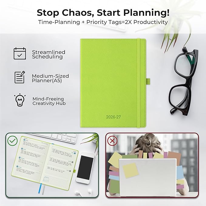 Weekly Monthly 2026-2027 Planner (July 26-Dec 27),8.5"x6.5",18 Months Agenda Plan with Month Tabs & Pocket,Expenses/Note Pages, Academic Calendar with Vegan Leather Cover,Wasabi Green