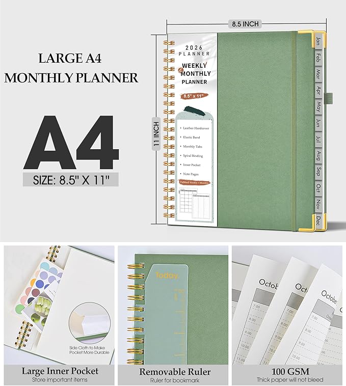 2026 Planner, Weekly and Monthly Calendar Planner from January 2026 - December 2026, 8.5" x 11" Hardcover Leather Hourly Appointment Book with Tabs, Spiral Daily Planners for School Work Home, Green