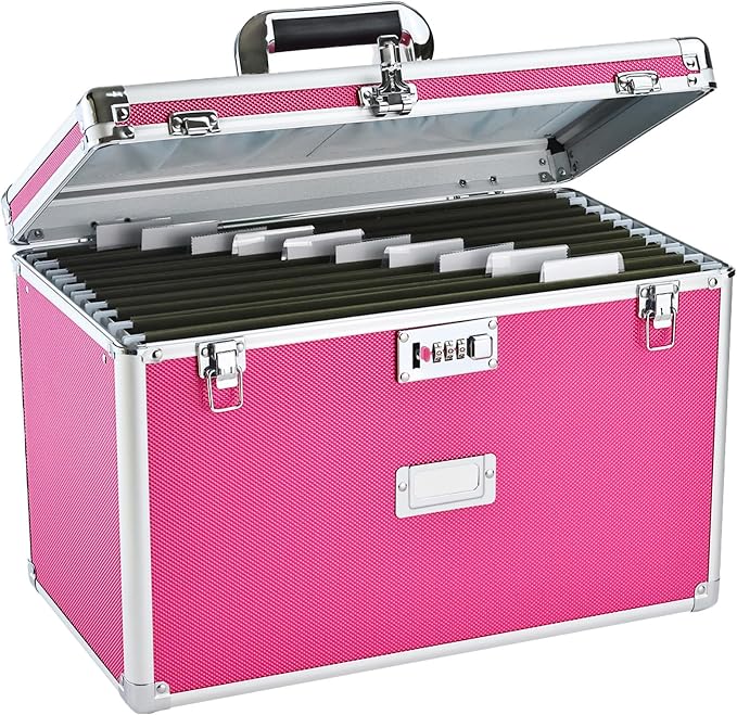 File Storage Cabinet for Legal Size Hanging File Folders, Suspension File Holder, Document Organizer Filing Lockbox in Office and Home with Combination Lock and 10-pack Hanging Files (Pink, Legal)